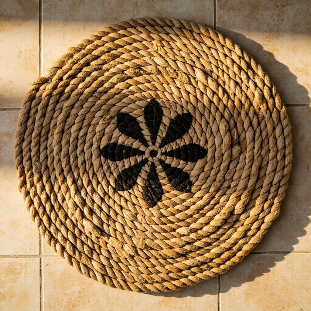 Elegant Jute Doormat Black Border with Centre Flower