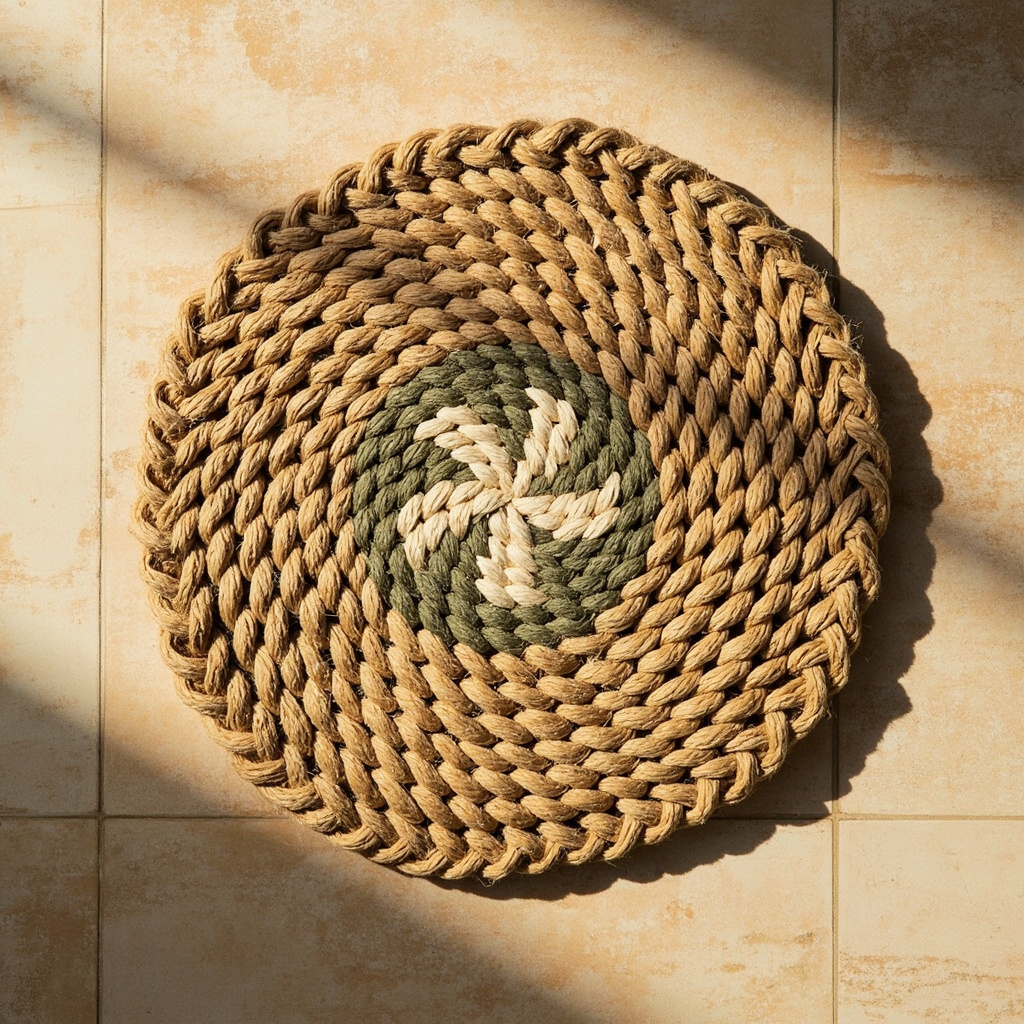 Elegant Jute Doormat Green Border with Centre Flower