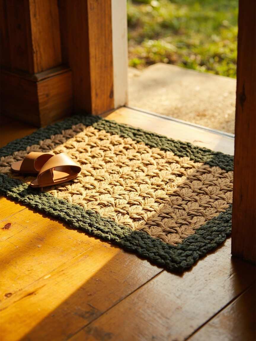 Premium Handcrafted Jute Doormat Green Border Medium