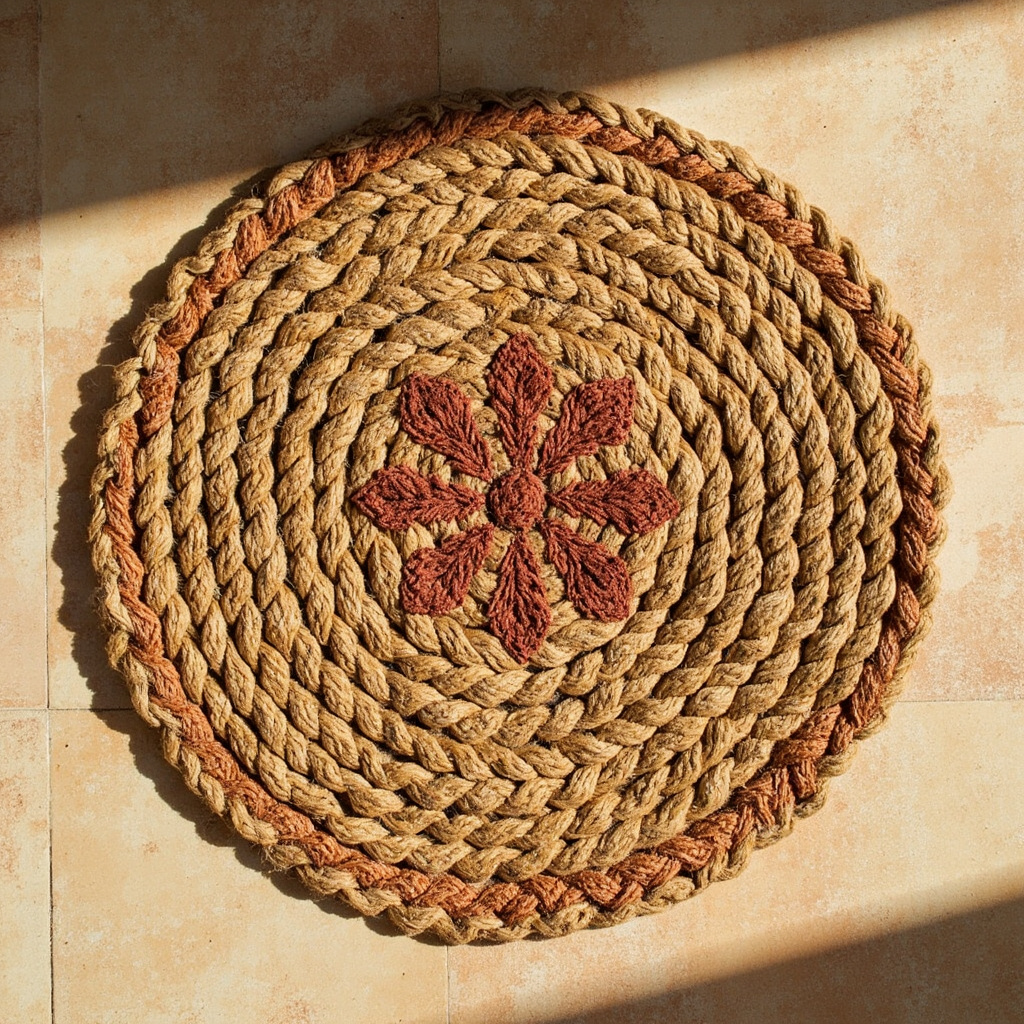 Elegant Jute Doormat Red Border with Centre Flower